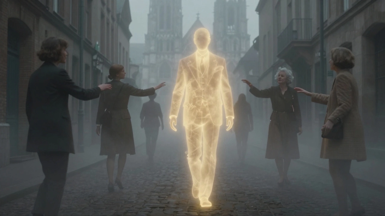 A glowing figure walks through a foggy alley, surrounded by floating silhouettes of people reaching out, symbolizing connection.