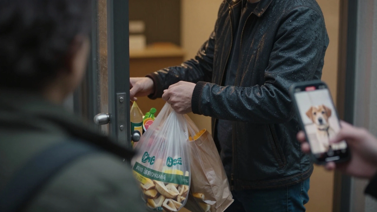 A man holding a door open with full arms, rain on his jacket, a dog rescue video visible on his phone.
