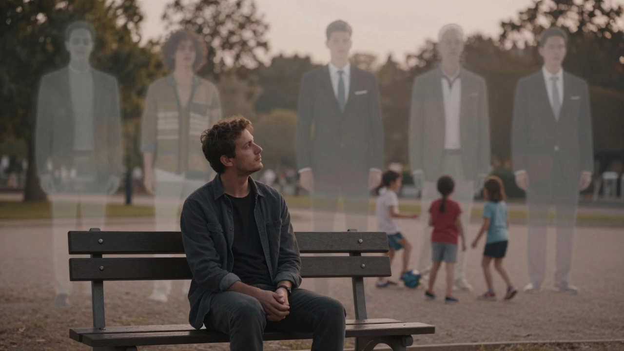 A man on a park bench at dusk, calm and unguarded, while faded male model images disappear into the background.