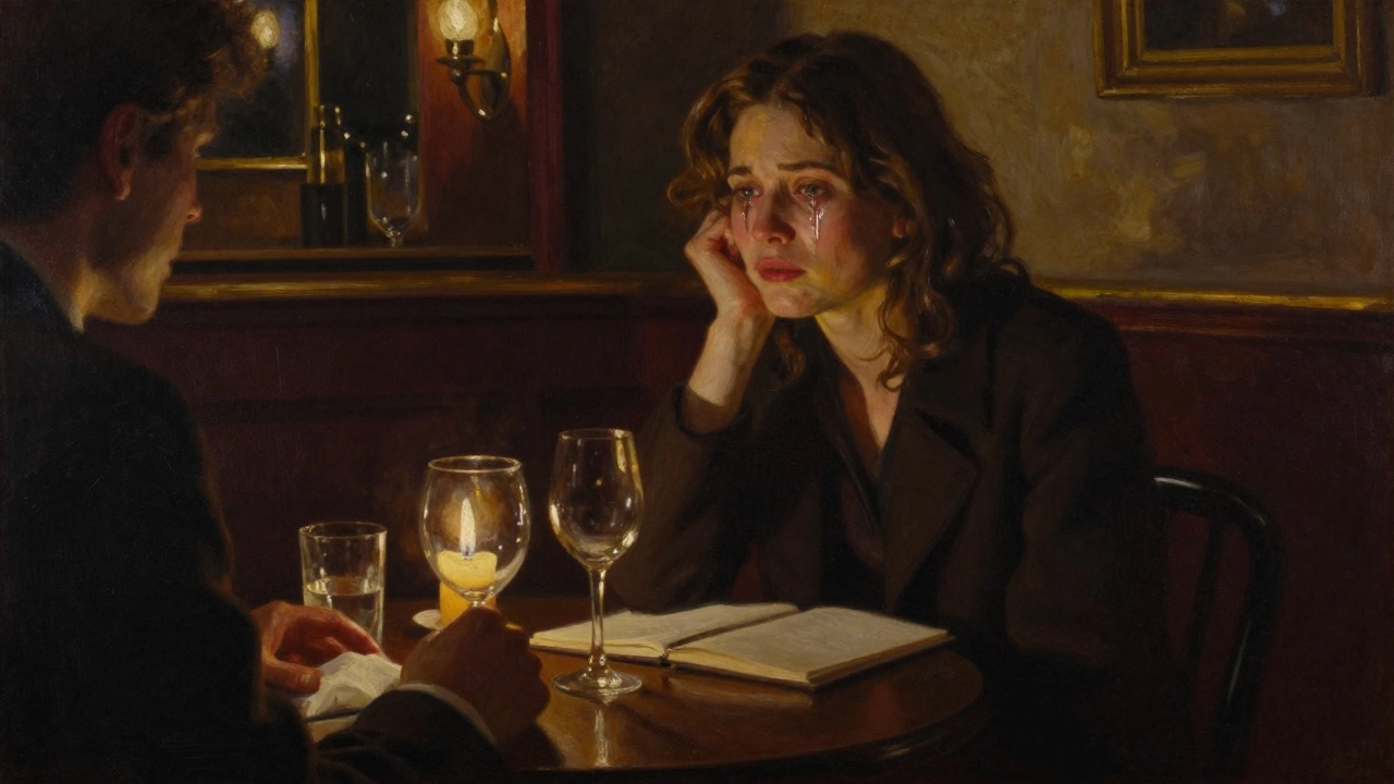 A woman sits alone in a dim jazz bar, tears on her cheeks, listening to an unseen companion in the quiet darkness.